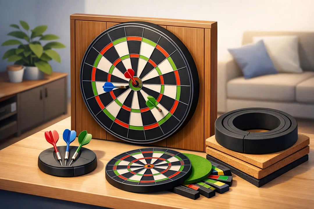 Illustration of home dartboards, darts and a surround in a living room