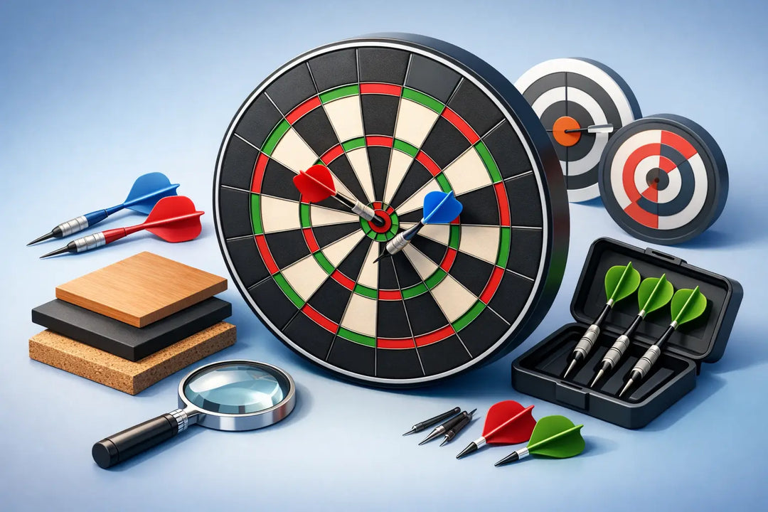 Illustration of steel-tip dartboards, darts and a magnifying glass
