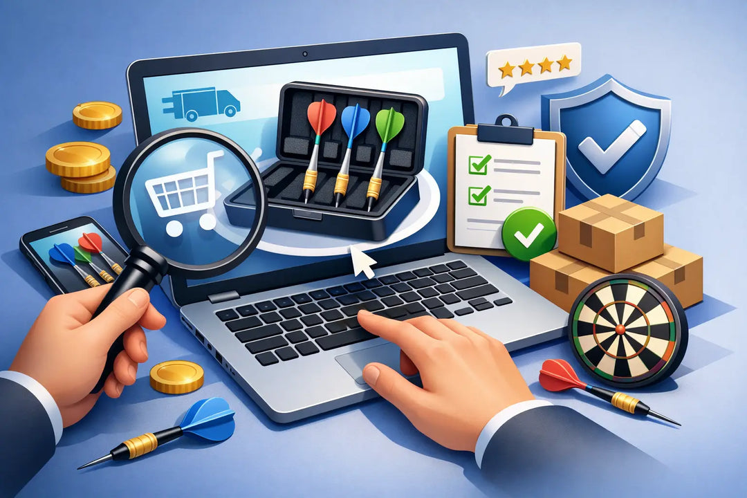 Illustration of checking an online dart set listing with a magnifying glass
