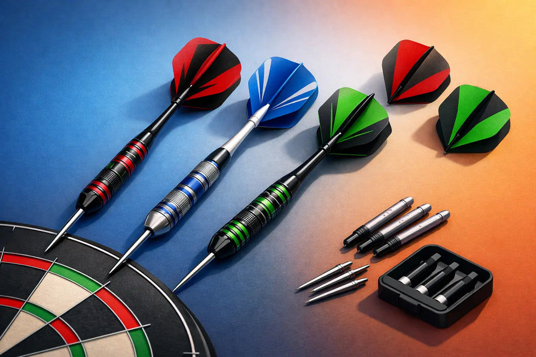 Illustration of three steel-tip darts with spare flights, shafts and a case