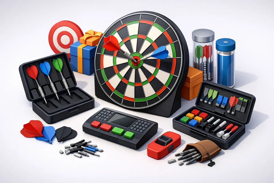 Illustration of a dartboard, dart cases, flights and accessories