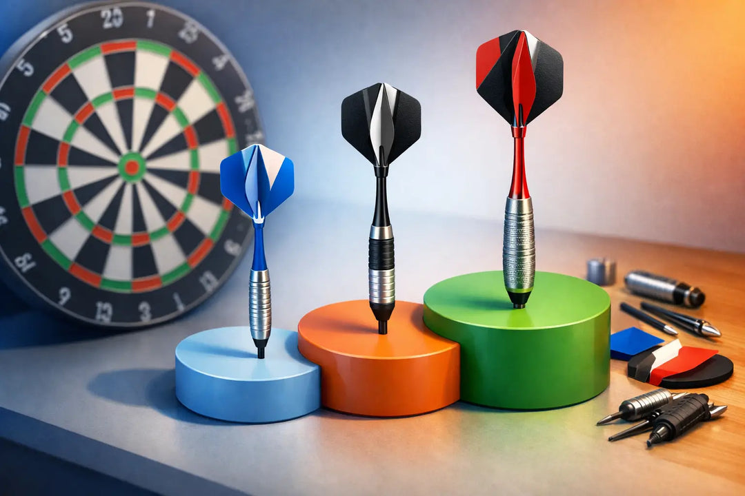 Illustration of three darts on coloured stands beside a dartboard
