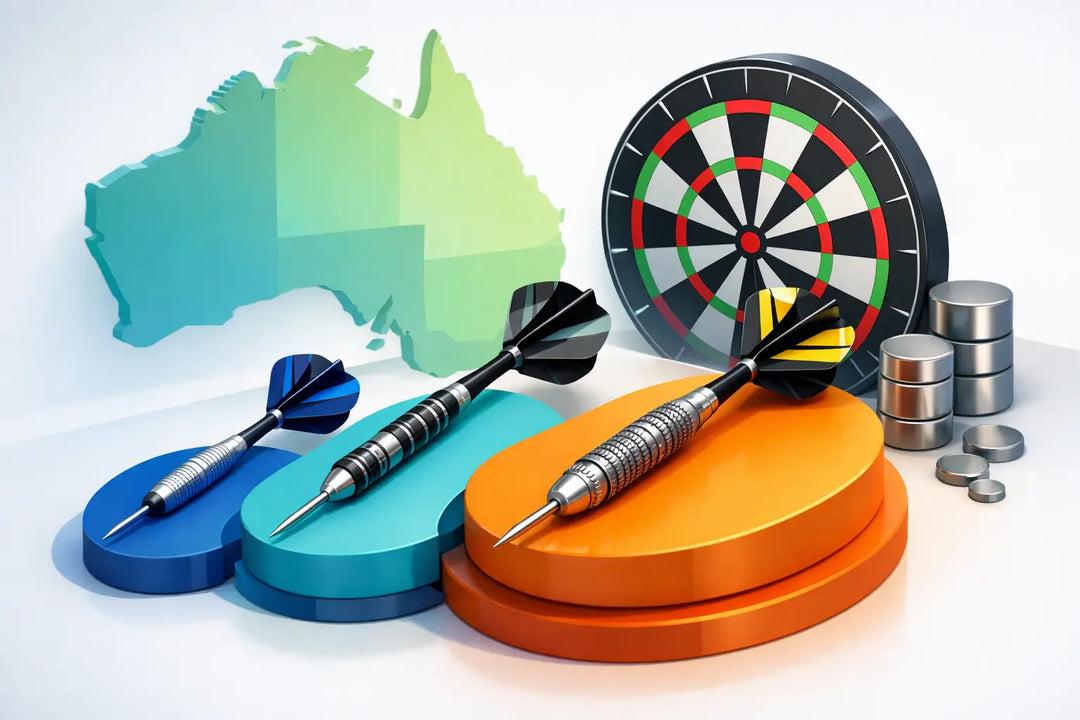 Illustration of darts on coloured stands with an Australian map and weights