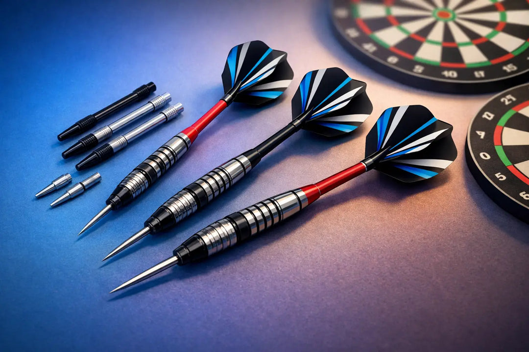 Illustration of darts with different shaft lengths and spare shafts