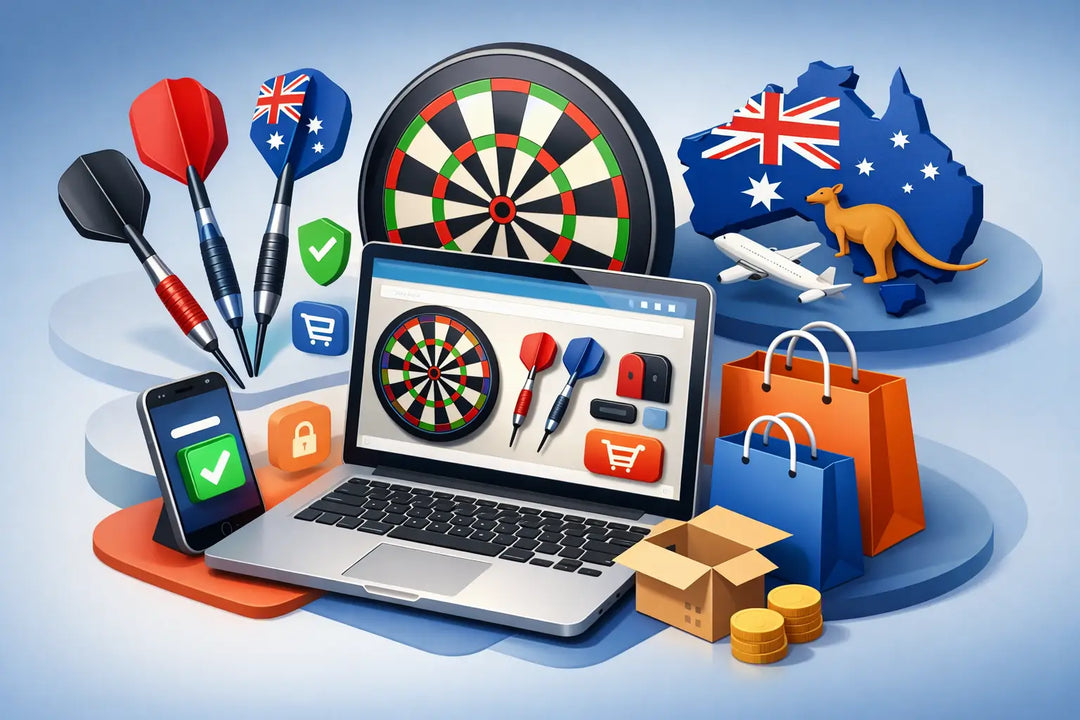 Illustration of online darts shopping with a laptop, dartboard and Australian flag