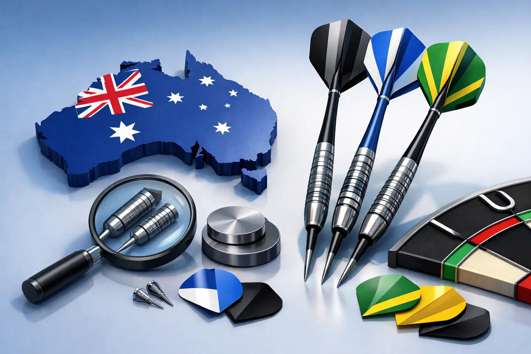 Illustration of darts, barrels and flights beside an Australian flag map