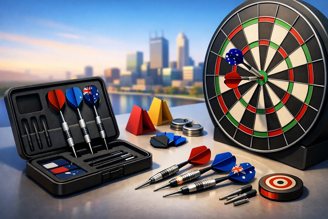 Illustration of darts, a case and a dartboard beside a city skyline
