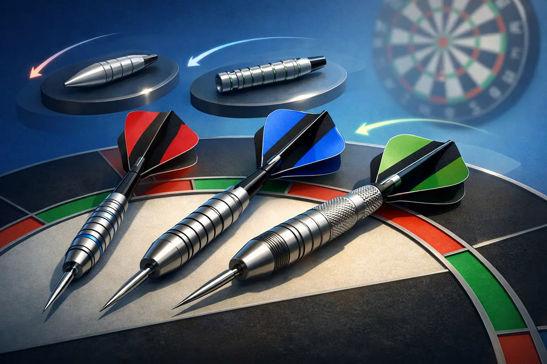 Illustration comparing dart barrel shapes beside a dartboard