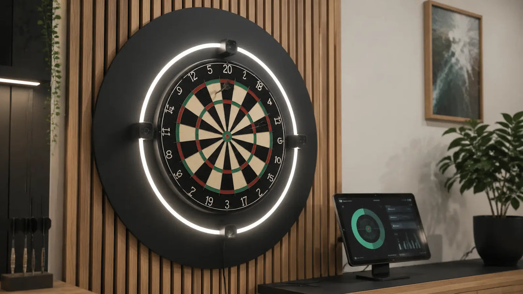 Home dartboard with a ring light and automatic scoring display