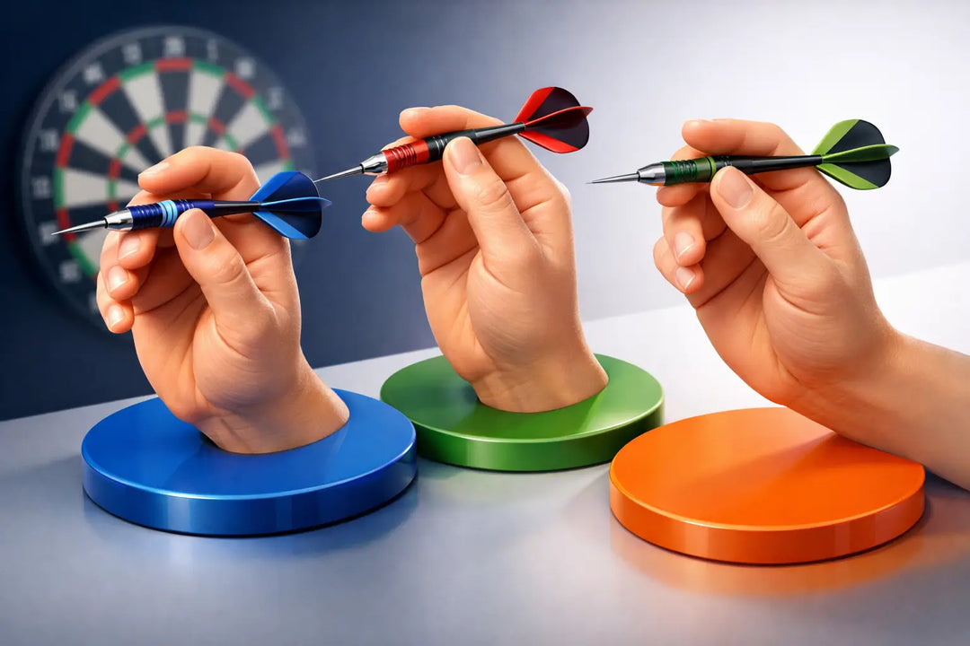 Illustration of three hands demonstrating different ways to grip a dart