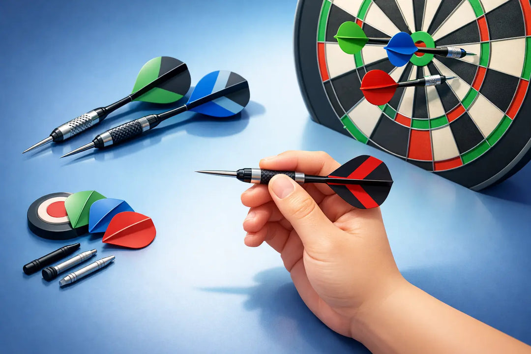Illustration of a hand holding a dart beside spare flights and a dartboard