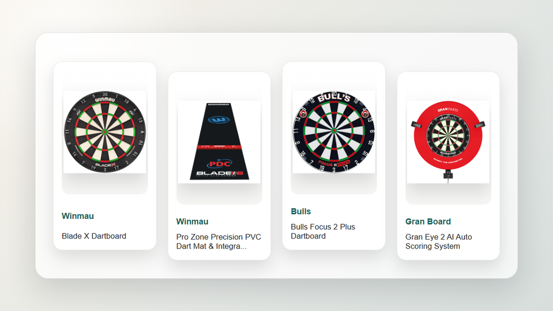 Home darts equipment comparison showing dartboards, a floor mat and scoring equipment