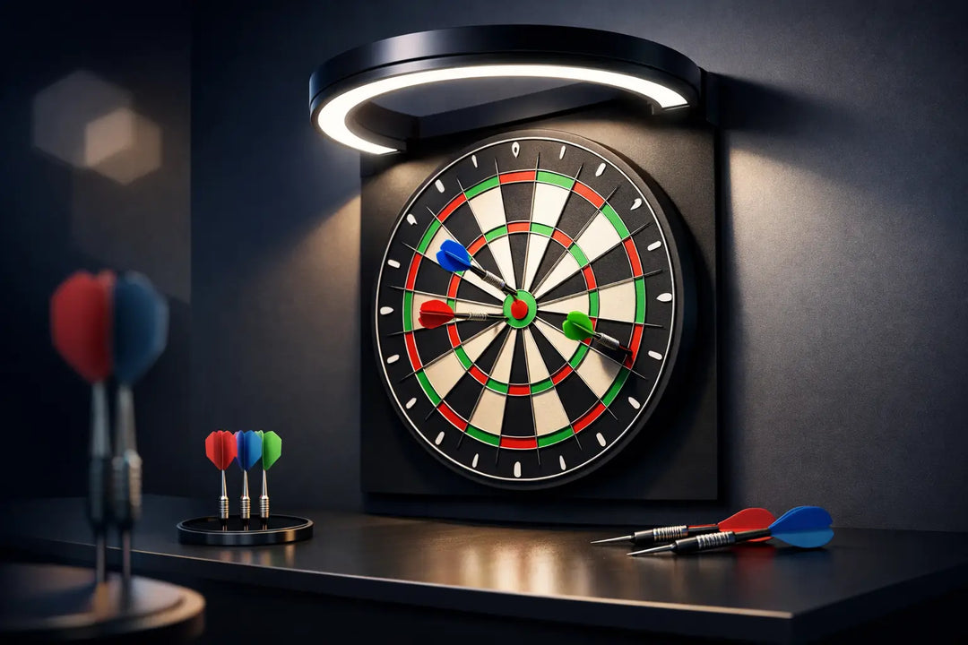 Illustration of a wall-mounted dartboard with overhead ring lighting