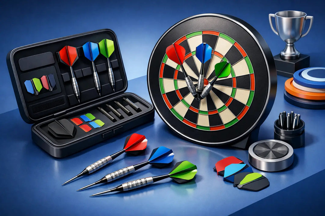 Illustration of a dart set, open case, dartboard and trophy