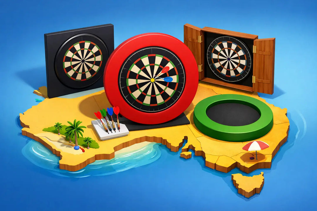Illustration of dartboards, surrounds and a cabinet on a map of Australia