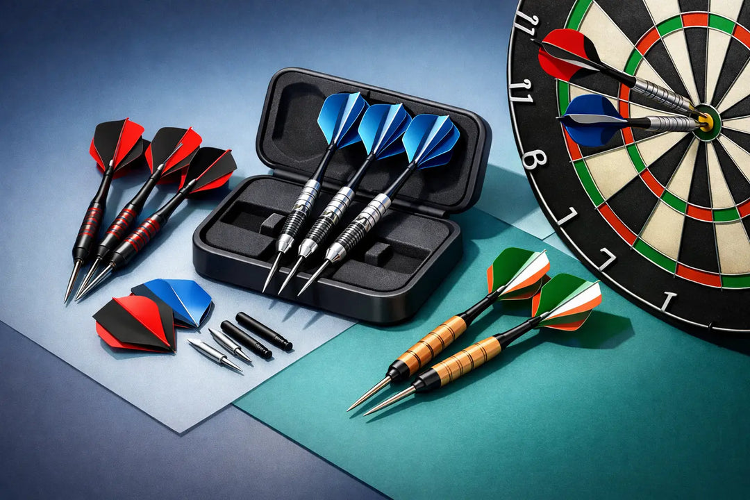 Illustration of steel-tip darts, a dart case and spare flights beside a dartboard
