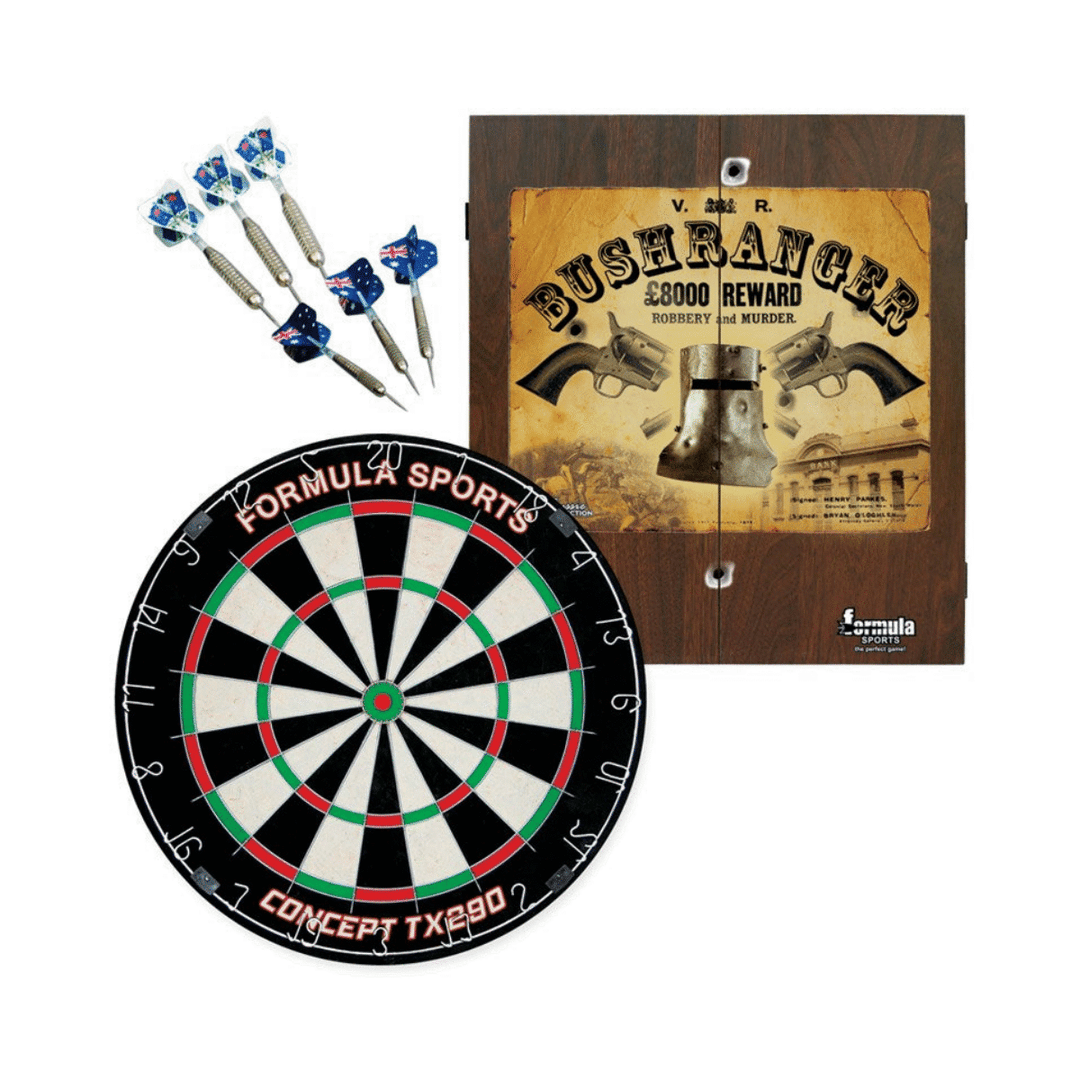Formula Bushranger cabinet set showing the cabinet, Concept TX290 dartboard and two sets of darts