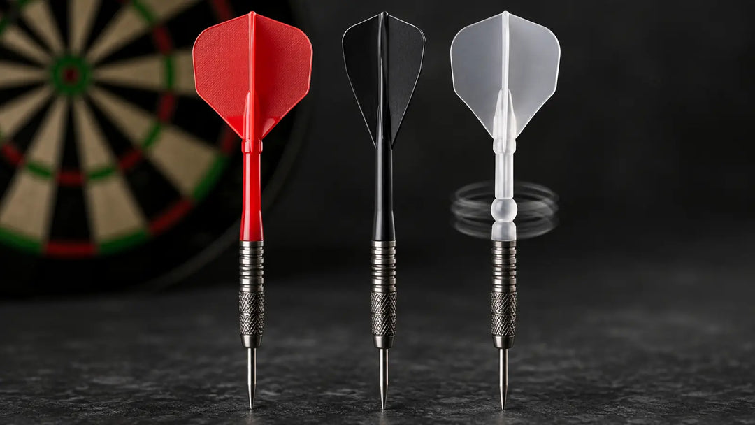 Three darts with red, black and white integrated flight and shaft systems