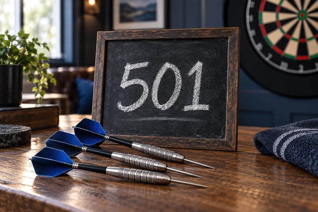 Illustration of three darts beside a chalkboard showing 501.