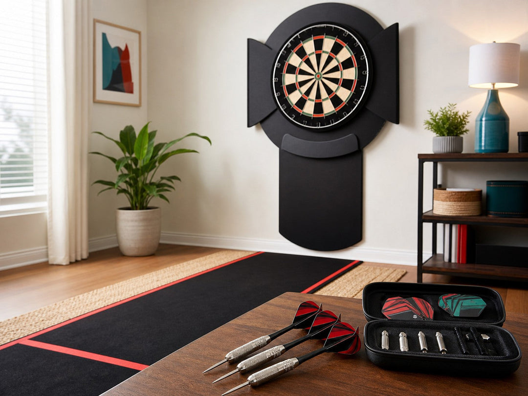 Home darts setup with a dartboard, surround, floor mat, darts and case