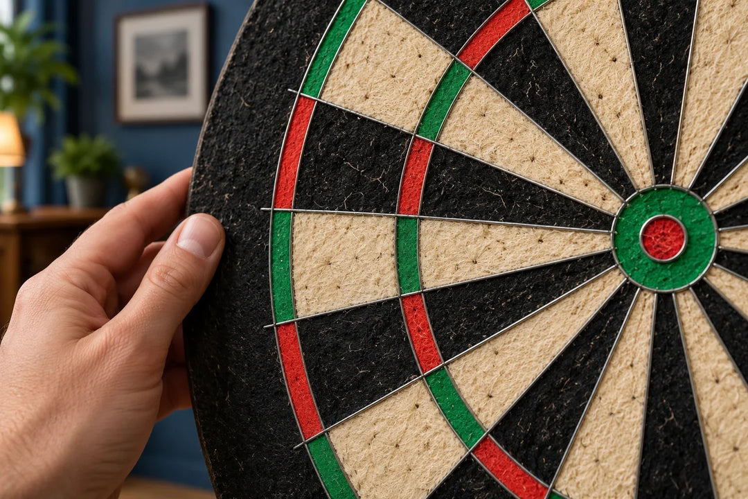 Illustration of a hand inspecting the dry sisal face of a dartboard.