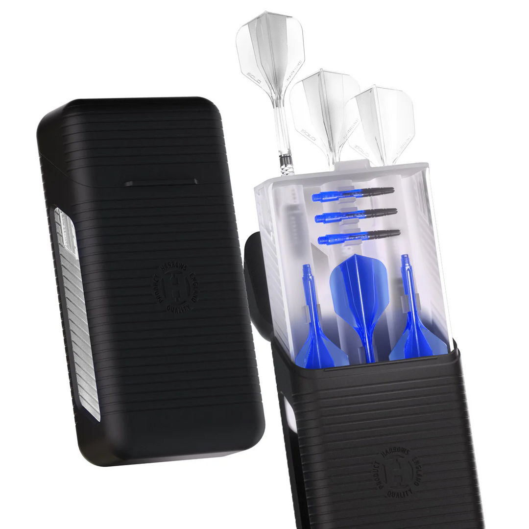 Open black dart case containing darts and spare flights