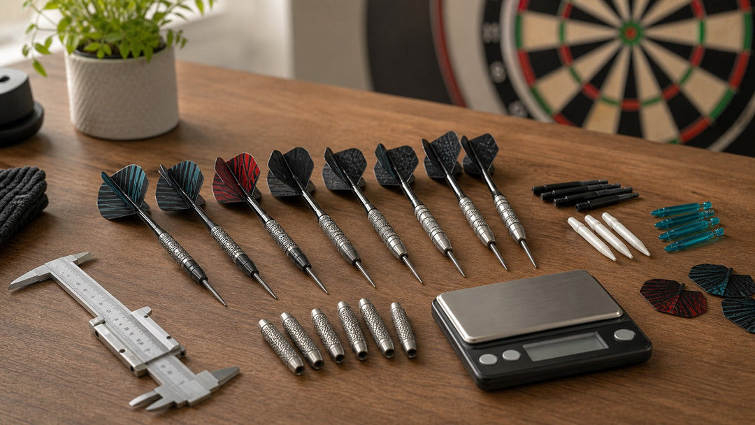 Steel-tip darts, loose barrels, calipers and a gram scale arranged for comparing dart weights