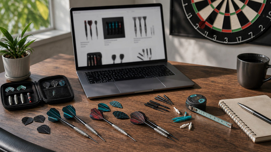 Darts, flights, shafts and setup tools beside a laptop used for comparing darts online