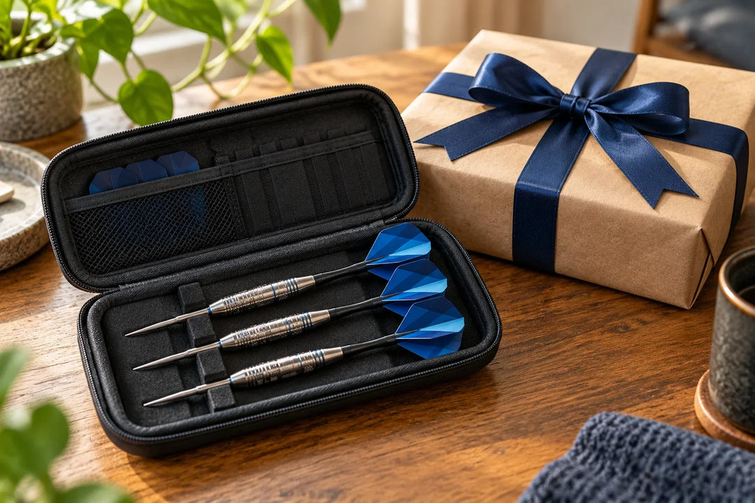 Illustration of three blue-flight darts in a carrying case beside a wrapped gift.