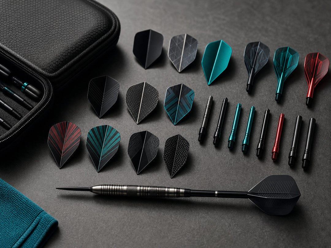 Dart flights, shafts, a case and an assembled dart arranged on a table