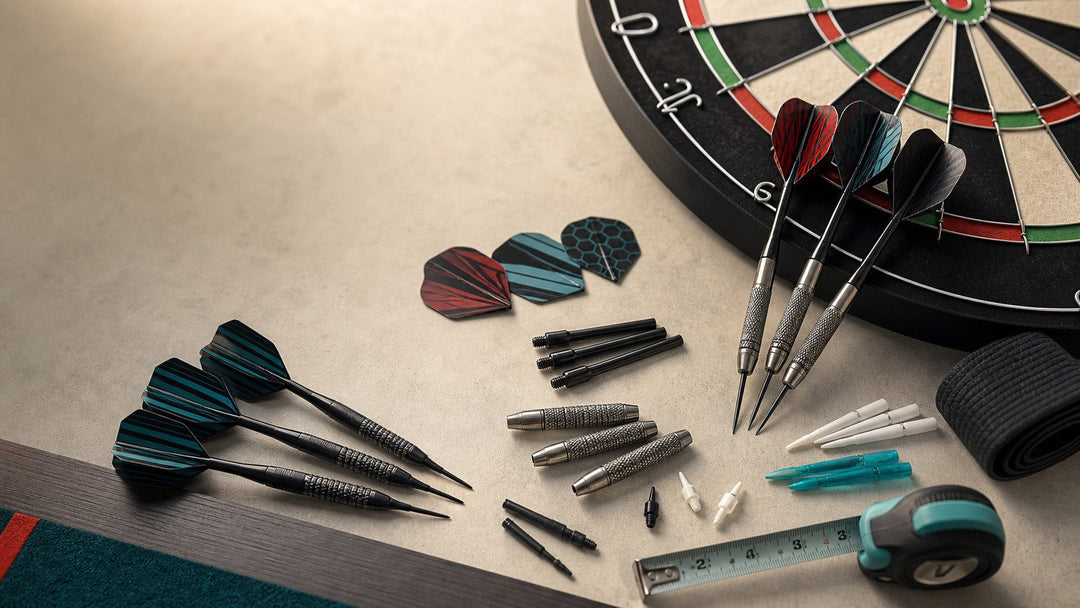 Darts, flights, shafts and spare tips arranged beside a dartboard