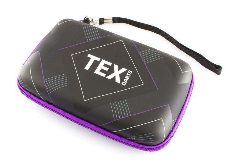 Black Tex dart case with purple trim and a wrist strap
