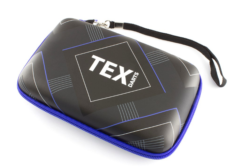 Black Tex dart case with blue trim and a wrist strap