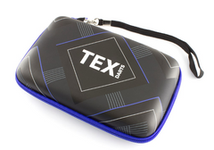 Black Tex dart case with blue trim and a wrist strap