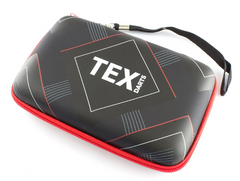 Black Tex dart case with red trim and a wrist strap