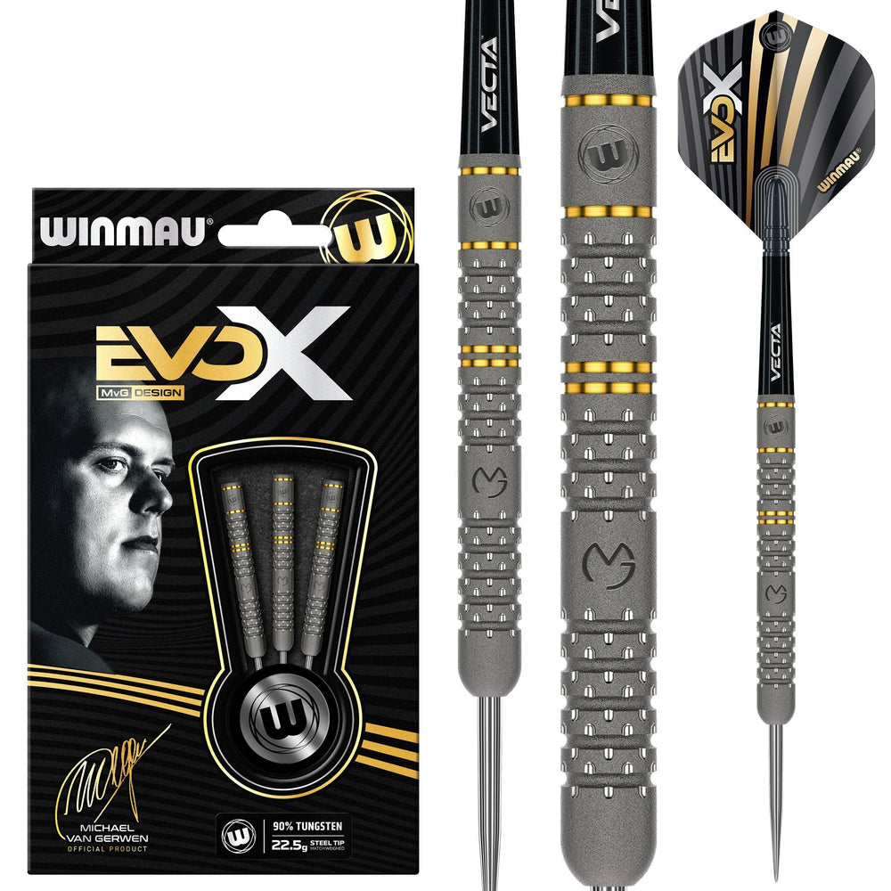 Winmau MVG EvoX Steel Tip Darts 90% Tungsten — dart, barrel detail and packaging