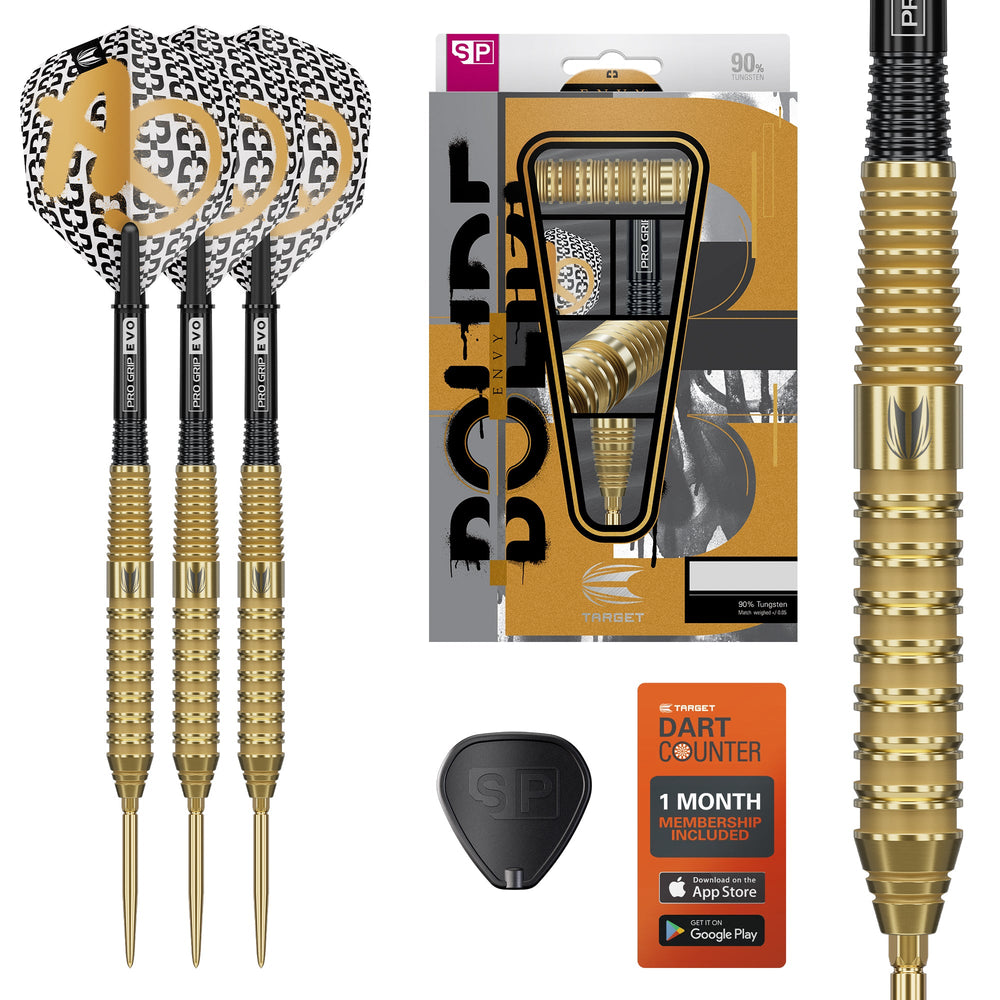 Target Bolide Envy 02 Steel Tip Darts 90% Tungsten — set contents and packaging