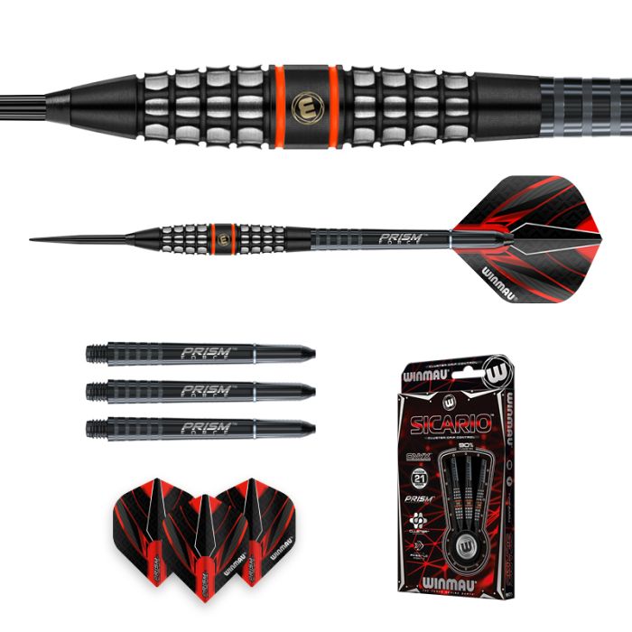 Winmau Sicario Steel Tip Darts 90% Tungsten — set contents and packaging