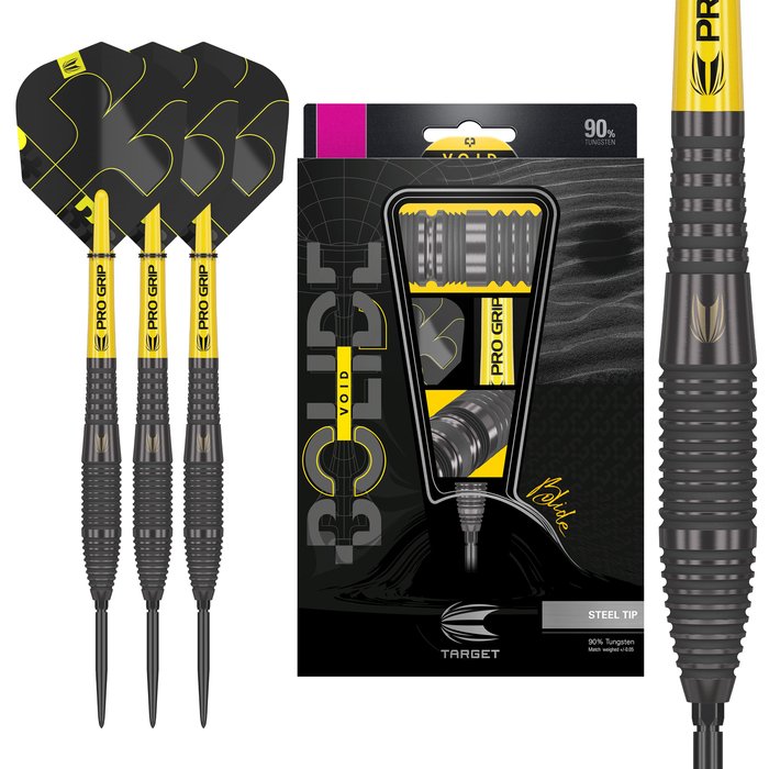 Target Bolide Void 05 Steel Tip Darts 90% Tungsten — dart, barrel detail and packaging