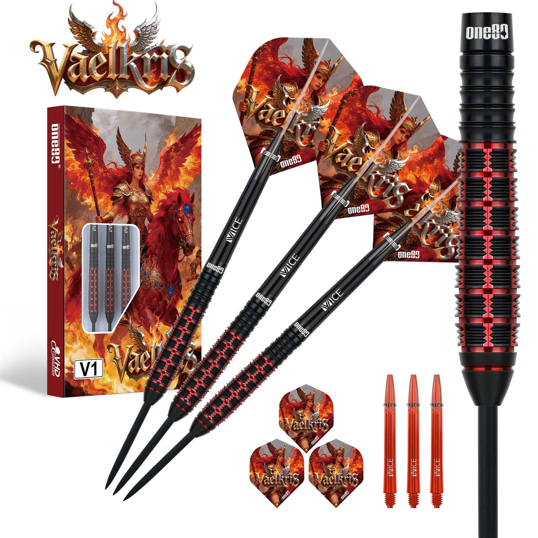 One80 Vaelkris V1 steel-tip darts and supplied setup