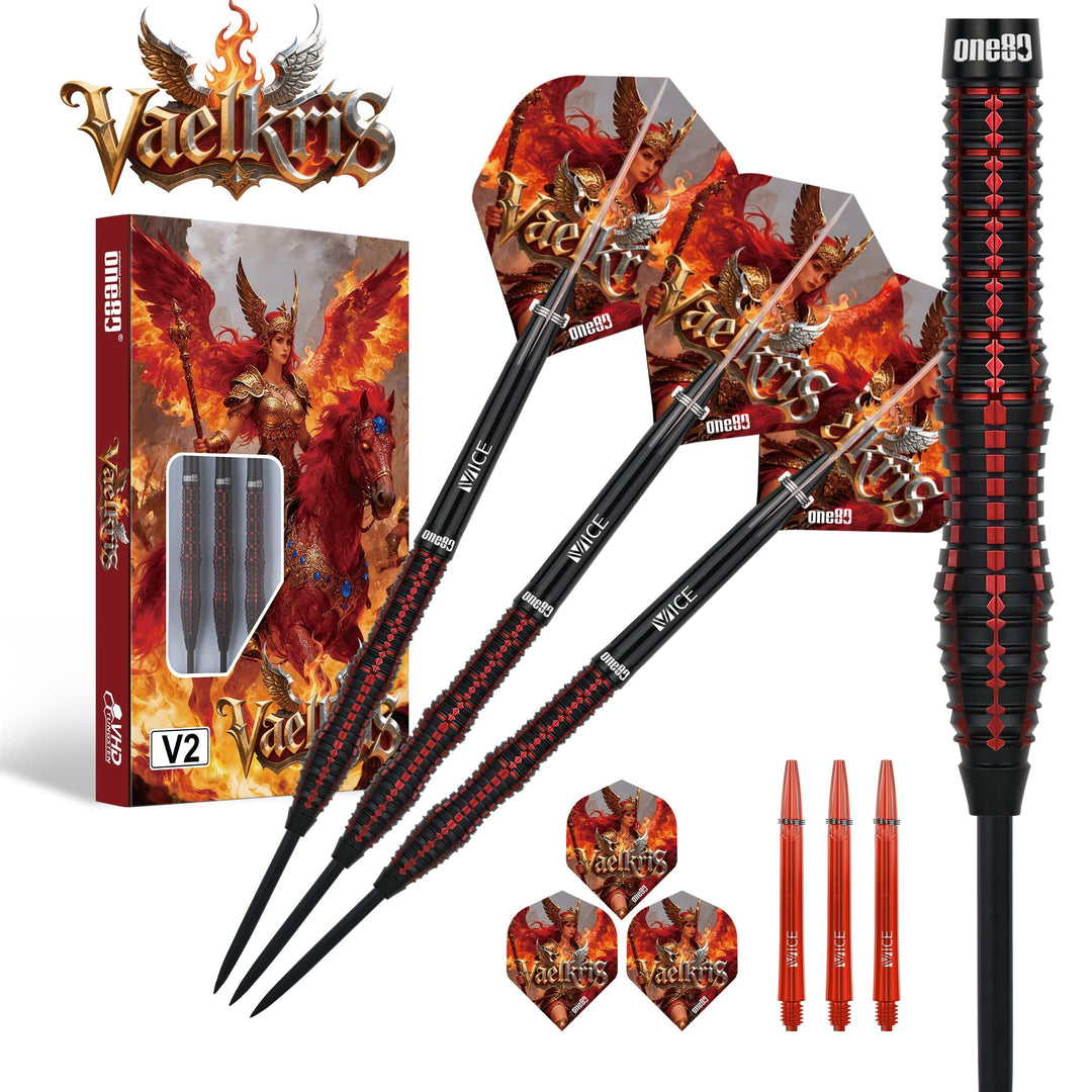 One80 Vaelkris V2 steel-tip darts and supplied setup