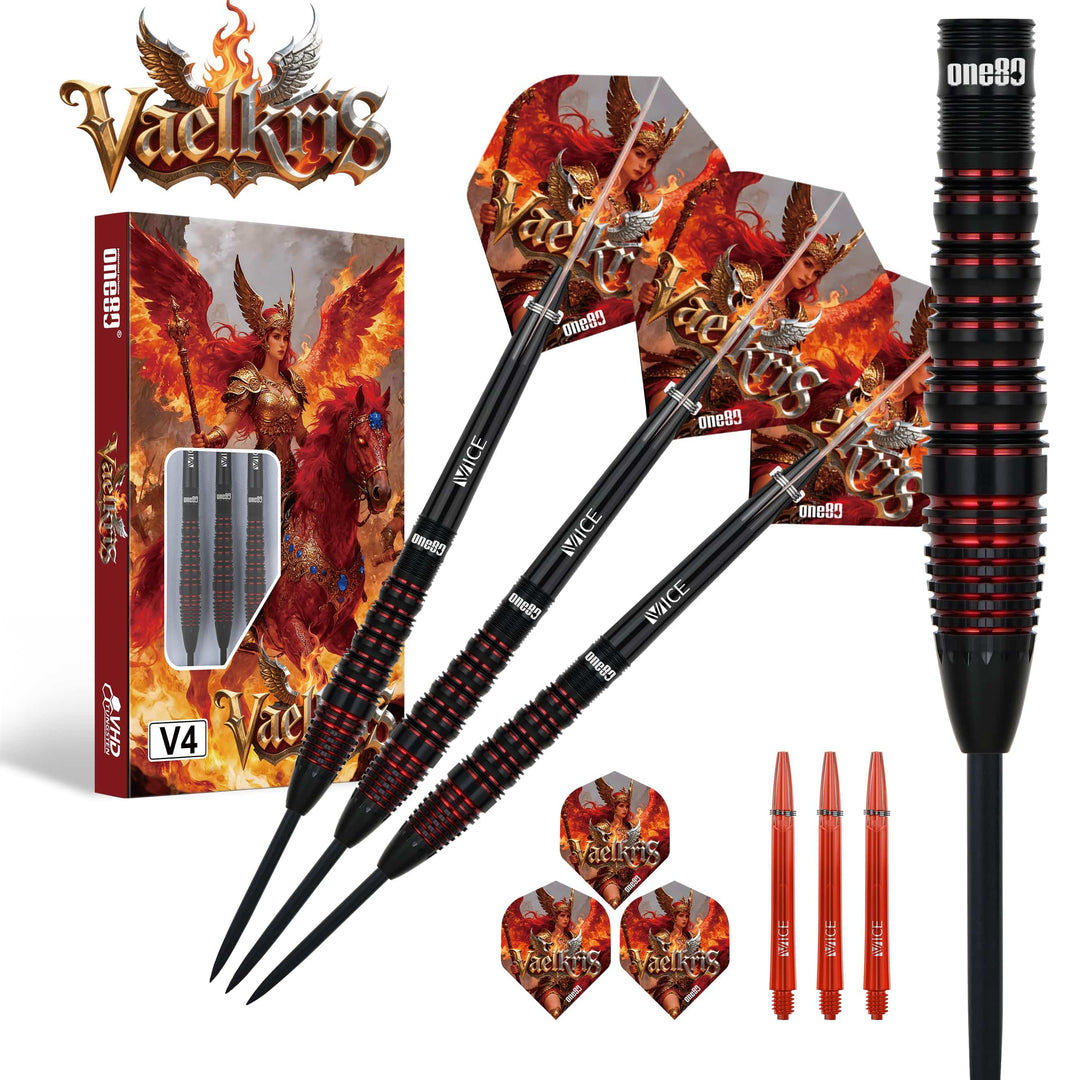 One80 Vaelkris V4 steel-tip darts and supplied setup