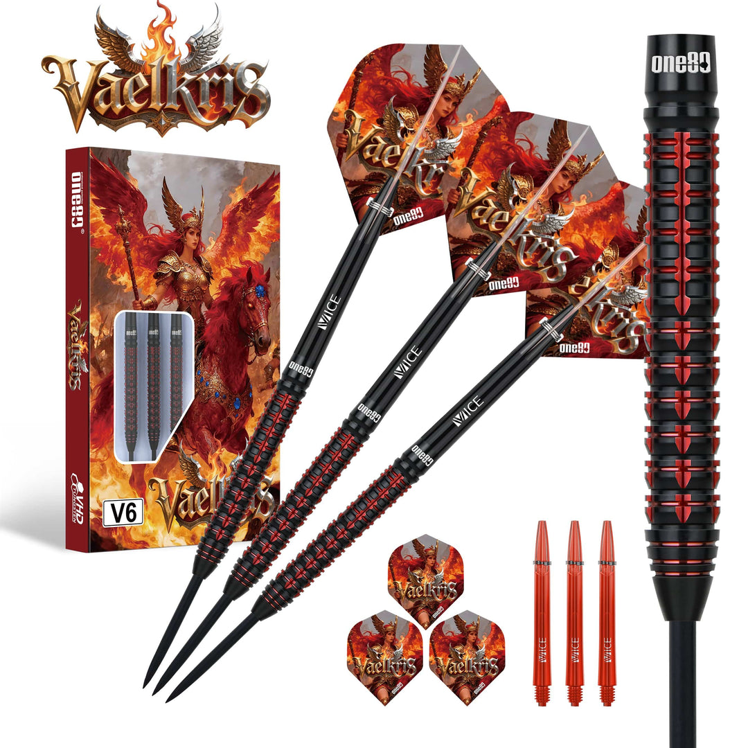 One80 Vaelkris V6 steel-tip darts and supplied setup