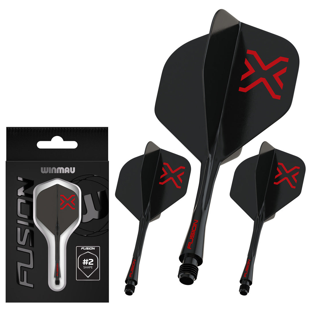 Winmau Blade X Fusion Integrated Flight And Shaft — black flights and shafts with packaging