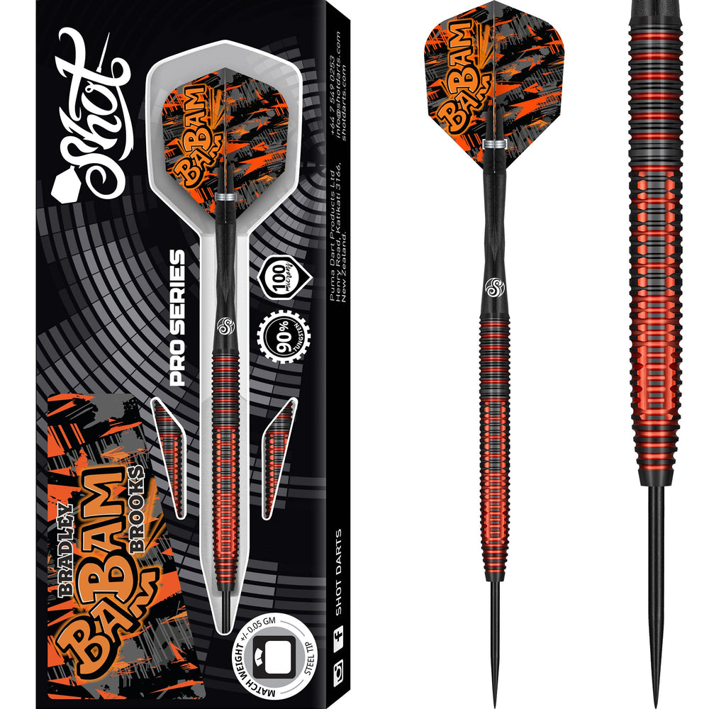 Shot Bradley Brooks Steel Tip Darts 90% Tungsten — dart, barrel detail and packaging