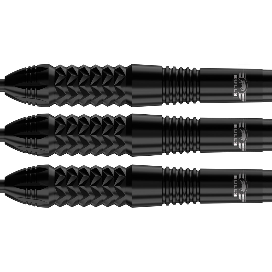 Bulls Caliber Black Steel Tip Darts 90% Tungsten — three dart barrels