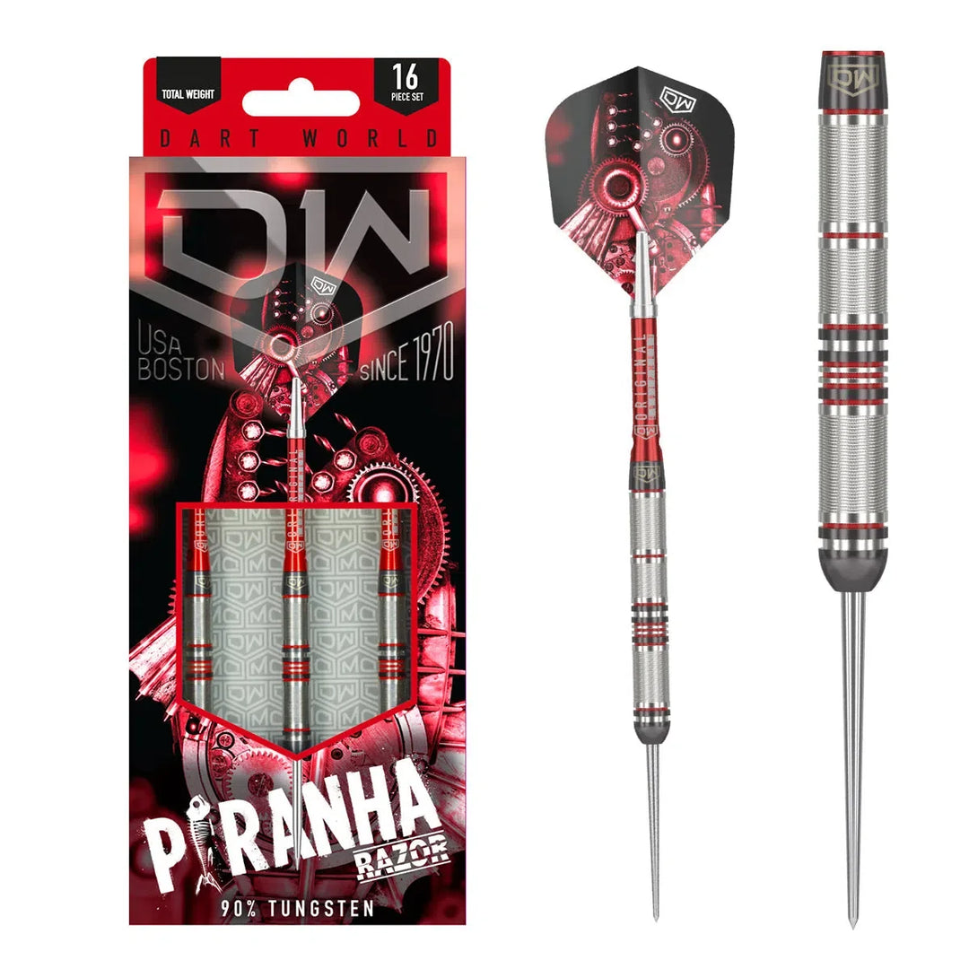 DW Darts Piranha Razor 01 Steel Tip Darts 90% Tungsten — dart, barrel detail and packaging