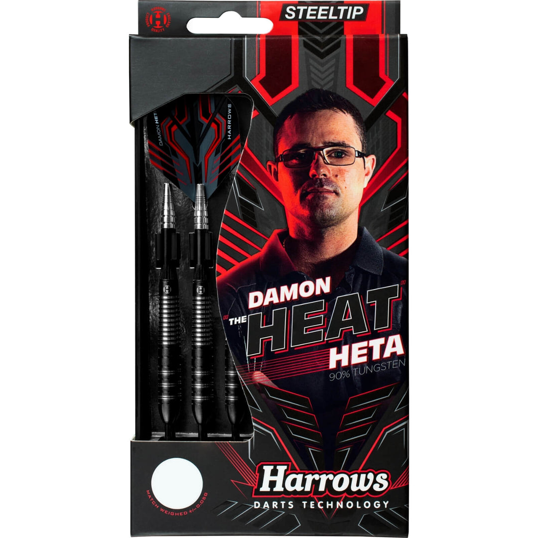 Harrows Damon Heta Black 90% Tungsten Darts — retail packaging