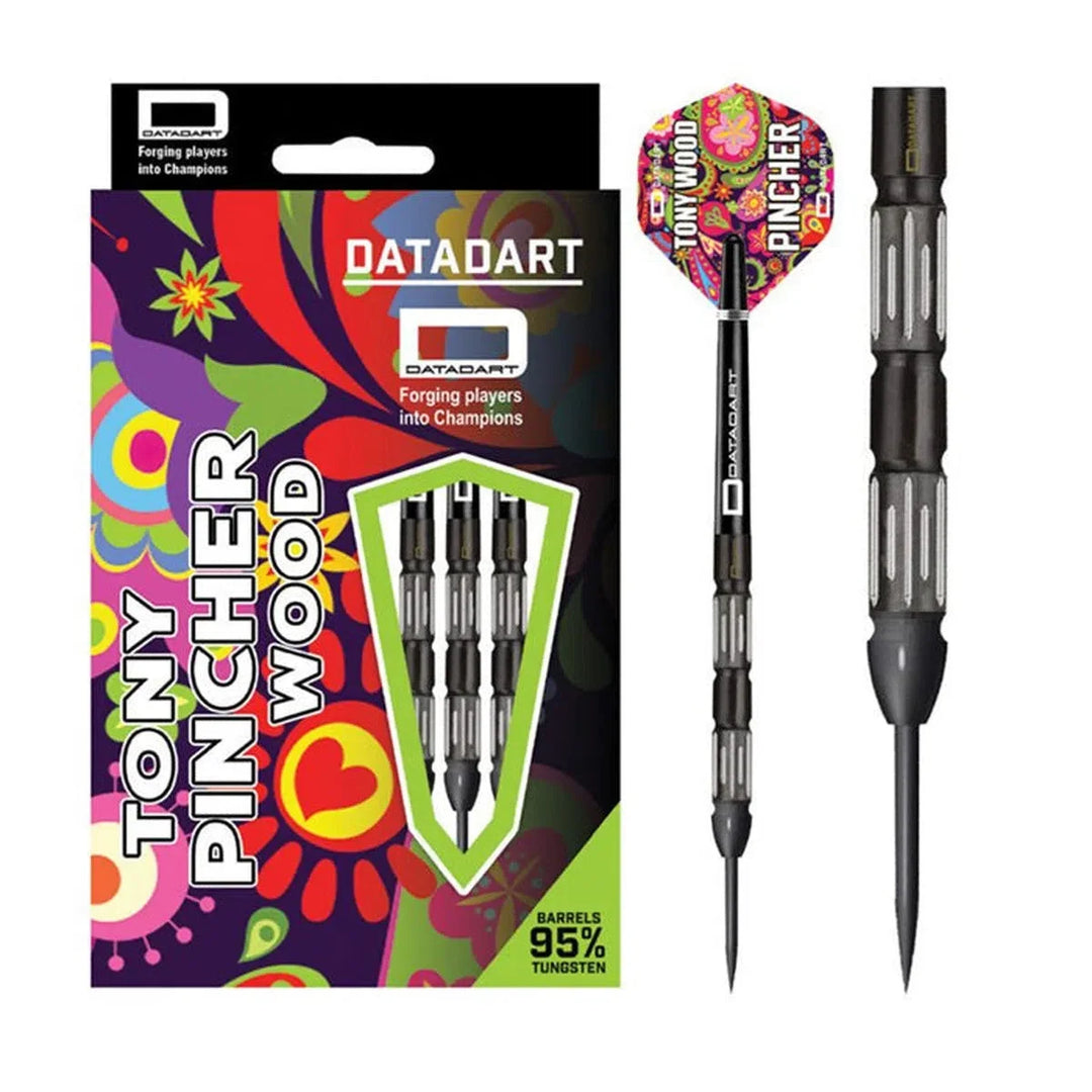Datadart Tony 'Pincher' Wood Steel Tip Darts 95% Tungsten — dart, barrel detail and packaging