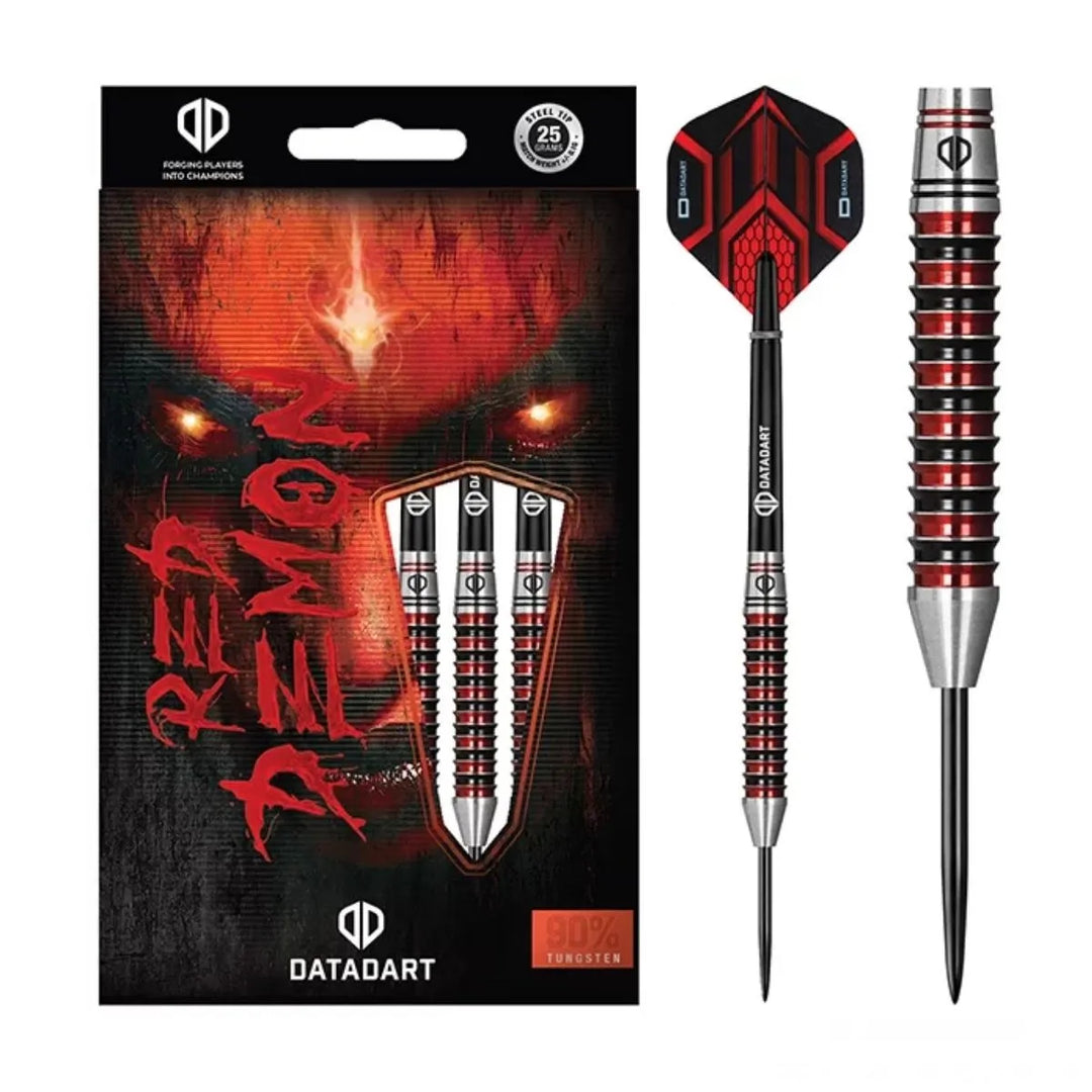 Datadart Red Demon Steel Tip Darts 90% Tungsten — dart, barrel detail and packaging